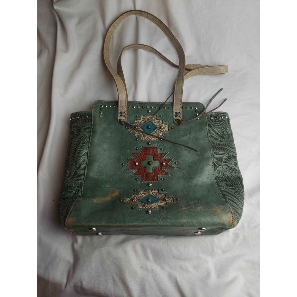 Montana West Tooled Leather Tote Bag Green‎ Southwestern Studded Western Aztec